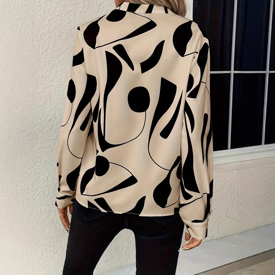 In-stock Amazon, European and American cross-border Wish foreign trade women's printed unsleeved collar shirt casual long-sleeved shirt top - Image 3