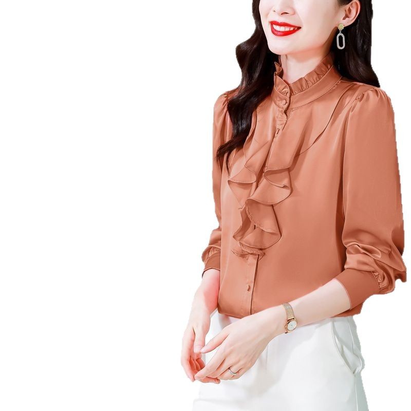 Green 1803 intellectual and generous temperament imitation silk shirt female long sleeve solid color lace collar palace style mulberry silk shirt - Image 5