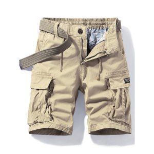 Men's high-end pure cotton work shorts, summer loose fit, multi-pocket elastic waist with drawstring belt, versatile casual five-point pants