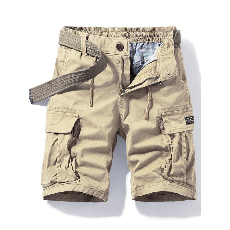 Men's high-end pure cotton work shorts, summer loose fit, multi-pocket elastic waist with drawstring belt, versatile casual five-point pants