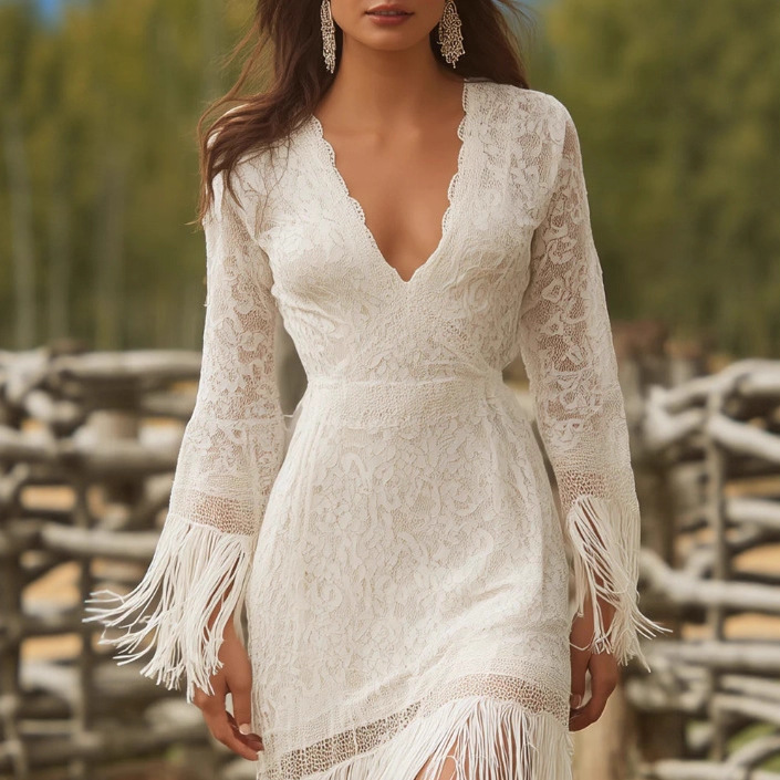 Retro white lace V-neck long-sleeved tassel short dress for European and American cross-border independent websites - Image 7