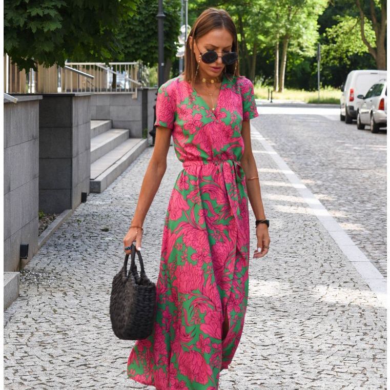 2023 European and American women's cross-border foreign trade AliExpress Amazon summer new v-neck print tie dress - Image 4