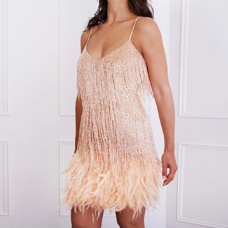 2026 Fashionable Tassel Sequin Multi-Colored Birthday Party Sexy V-Neck Suspender Feather Patchwork Dress - Image 14
