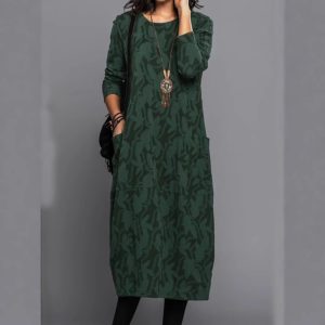 AliExpress Wish 2025 Spring Amazon Personalized Print Crew Neck Casual Long Sleeve Pocket Women's Dress
