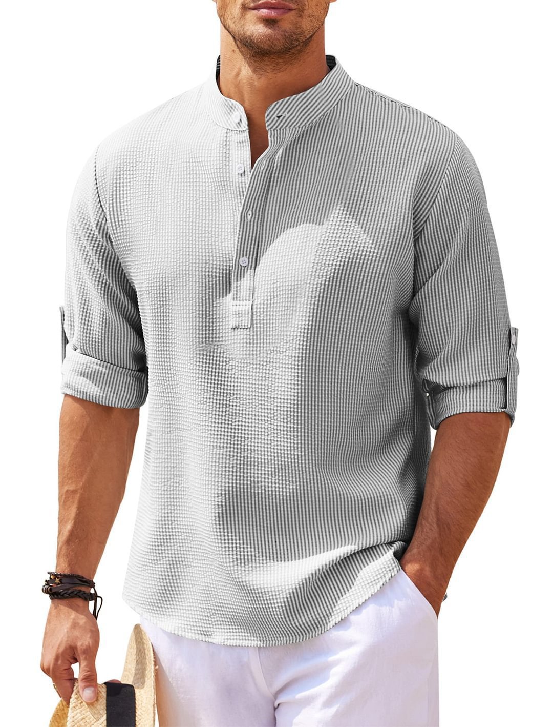 European and American style men's long-sleeved shirts, stand-up collar, half-button shirts, pineapple plaid shirts, men's casual shirts, wholesale. - Image 12