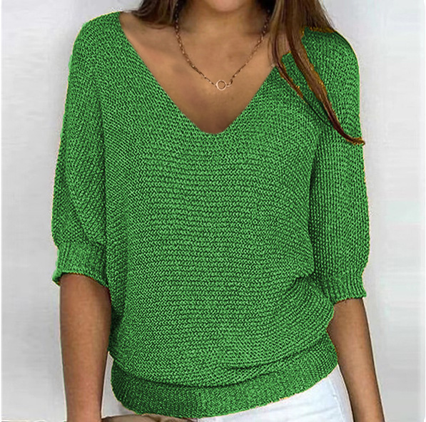 2026 New Russian AliExpress Wish Solid Color Crew Neck Knitted Top Women's Three-Quarter Sleeve Top Air Conditioning Shirt In Stock - Image 35