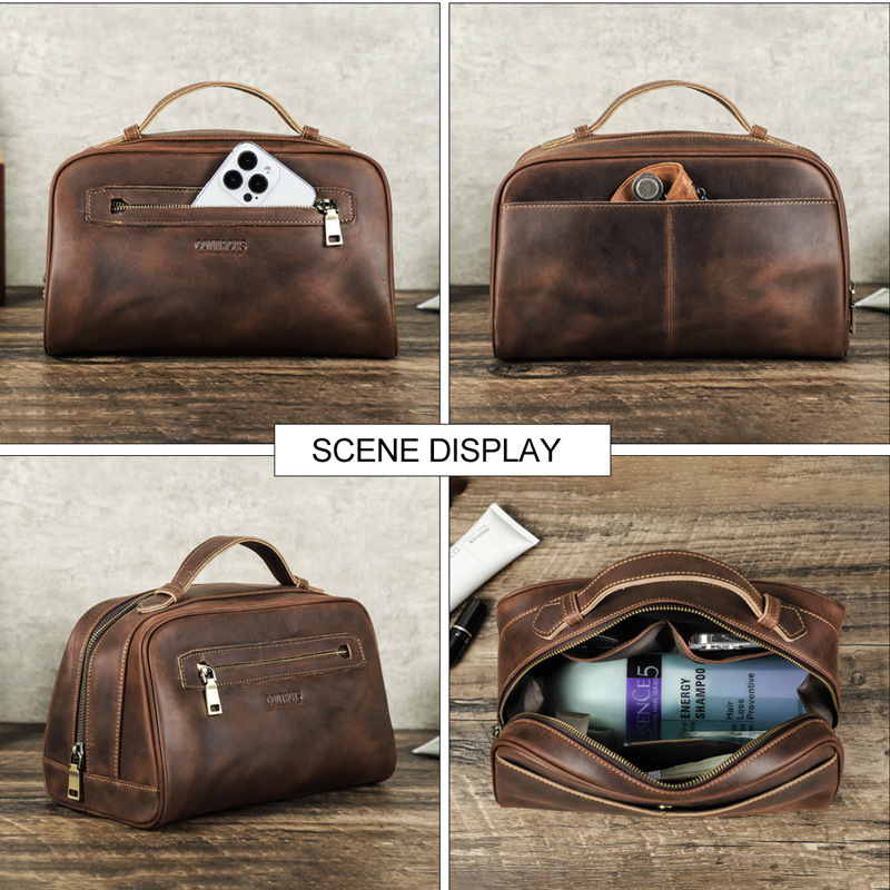 Black Angel Vintage Crazy Horse Leather Portable Unisex Storage Bag Large Capacity Genuine Leather Cosmetic Bag Washing Bag - Image 2