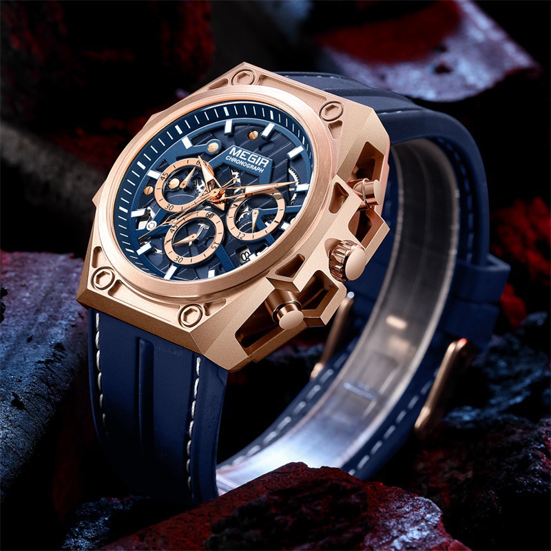 Mei Geer cross-border supply wholesale watch men's stainless steel luminous chronograph hollow sports silicone strap watch - Image 6