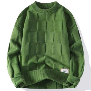 Cross-border new sweater men's autumn round neck pullover knitted sweater square men's solid color long sleeve trendy casual sweater