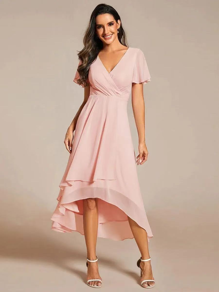 2025 Hot Selling New European and American Cross-border Summer Solid Color V-neck Ruffle Sleeve Chiffon Elegant Party Dress - Image 7