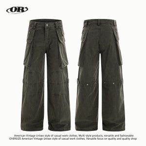 OREETA American retro cleanfit simple high-end overalls men and women street hip-hop distressed casual pants