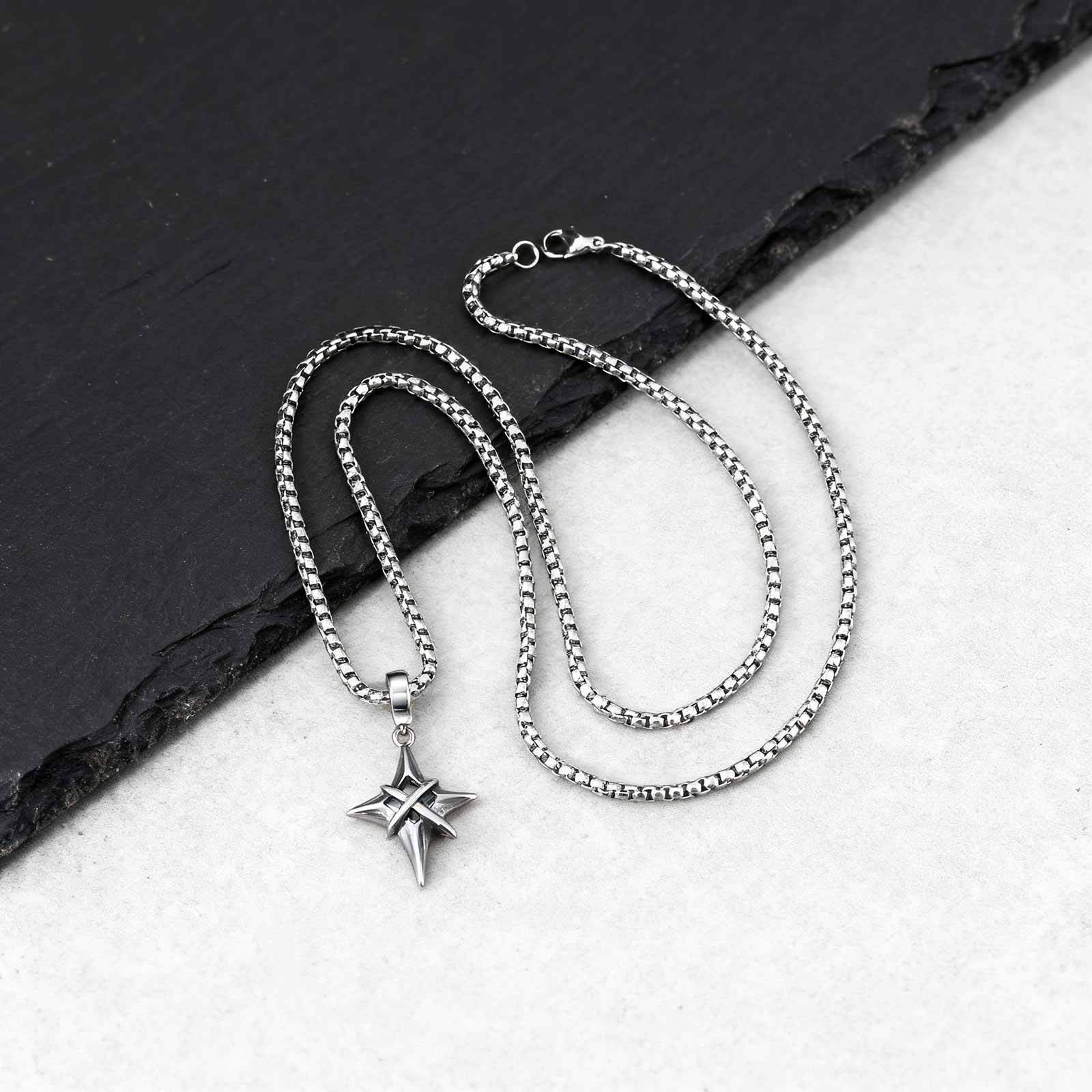 European, American, Japanese, and Korean nightclub/bar hip-hop personalized stainless steel four-pointed star pendant with black zircon, steel color PN-2316 - Image 6