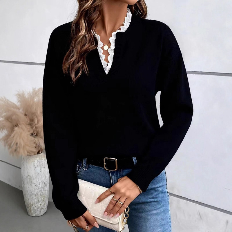Cross-border European and American 2025 Autumn/Winter New Fashion Lace Trim V-neck Sweater Solid Color Loose Long Sleeve Women's Knitwear - Image 4