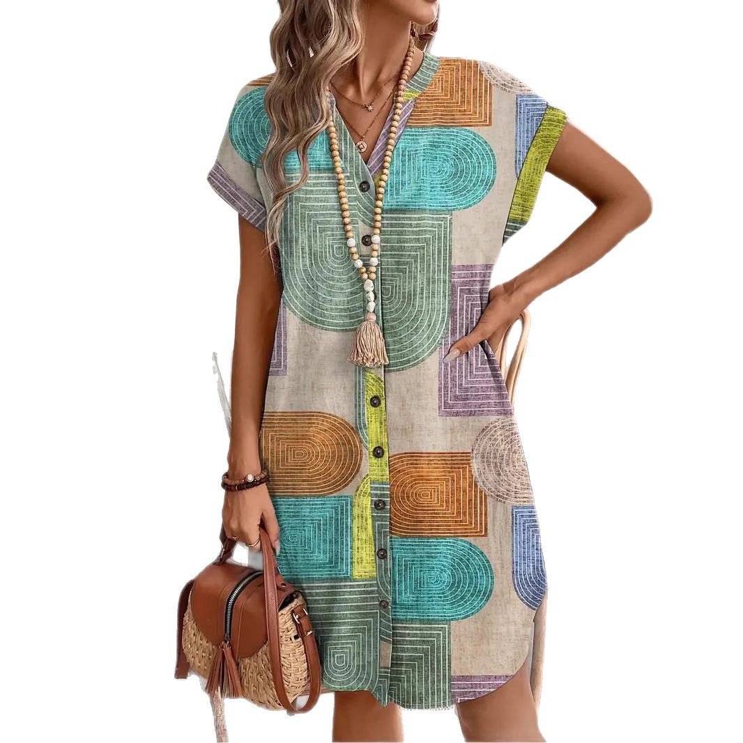 2026 European and American style women's clothing, export, Amazon summer printed elegant V-neck button dress, independent website. - Image 6