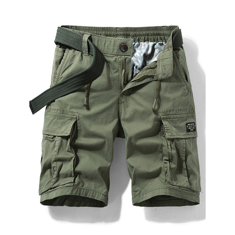 Men's high-end pure cotton work shorts, summer loose fit, multi-pocket elastic waist with drawstring belt, versatile casual five-point pants - Image 2