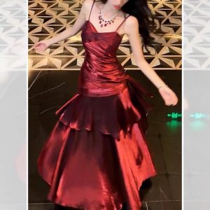 Long evening gown, mermaid style, ruffled high-end halter dress, coming-of-age ceremony banquet dress, red dress for women.