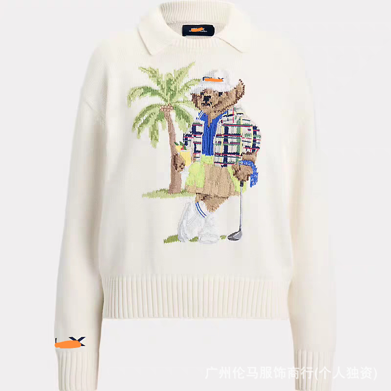 Scannable QR code R-L High-quality Autumn/Winter Pure Cotton Round Neck Knitted Long-Sleeve Tropical Golf Bear Cartoon Sweater for Women - Image 5