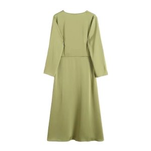Cross-border exclusive for foreign trade wholesale European and American style new solid color tie satin sarong style simple wind long-sleeved dress