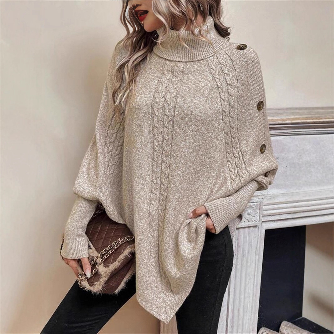 European and American style autumn/winter cable knit women's sweater, Amazon cross-border fashion high neck button decoration long sleeve batwing sweater - Image 5