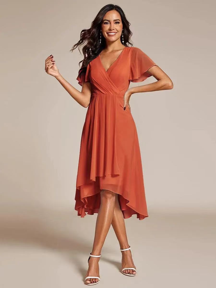 2025 Hot Selling New European and American Cross-border Summer Solid Color V-neck Ruffle Sleeve Chiffon Elegant Party Dress - Image 19