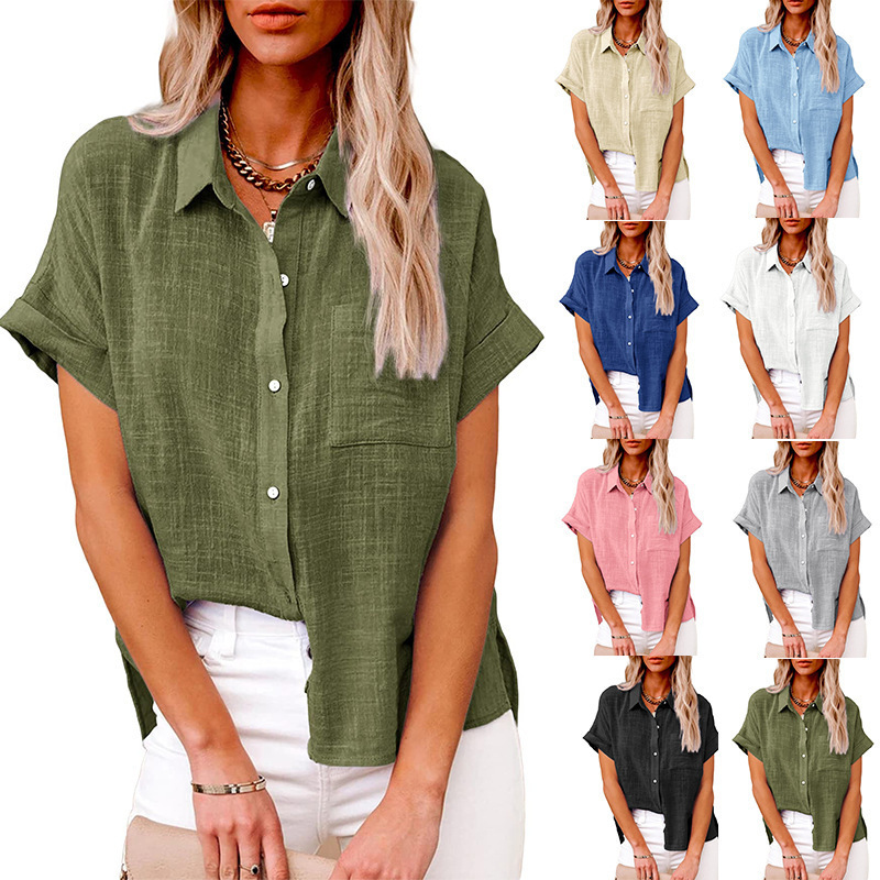 Amazon wish2022 summer new European and American cross-border women's solid color linen shirt short-sleeved casual loose shirt - Image 9