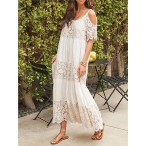 2023 new cross-border Amazon best-selling European and American women's sling rayon stitching lace beach holiday dress