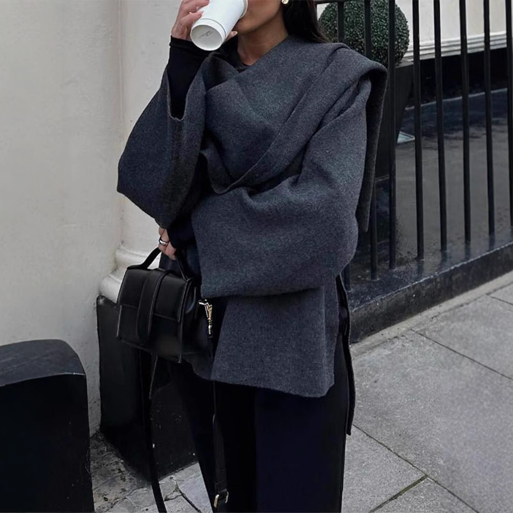 Knitted short long-sleeved coat, European and American cross-border autumn and winter lazy loose shawl cape scarf cardigan - Image 3