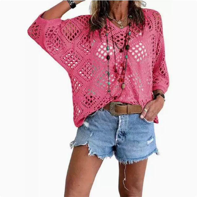 Cross-border e-commerce, Europe and America, Amazon Spring/Summer V-neck diamond-patterned openwork batwing sleeve women's sweater cover-up knitwear - Image 16