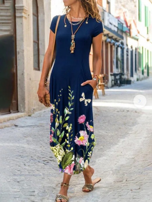 2021 European and American cross-border new Amazon independent station women's round neck pocket short-sleeved trendy printed dress - Image 6