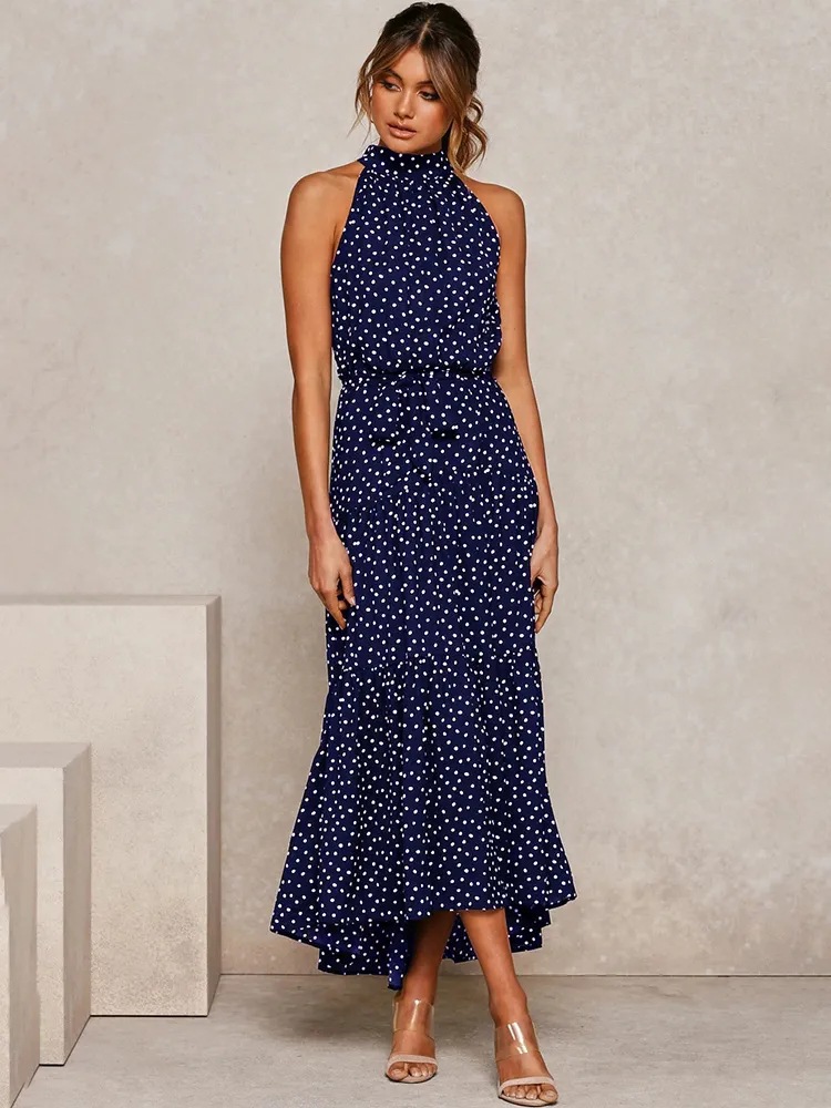 2025 European and American cross-border Amazon women's long skirt foreign trade hot-selling new halter neck polka dot print lace-up dress - Image 19
