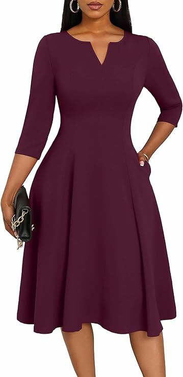 Amazon Midi Dress, Fitted Flare Dress, Three-Quarter Sleeve Wedding Guest Dress - Image 8