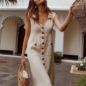 Retro V-Neck Pocket Midi Dress