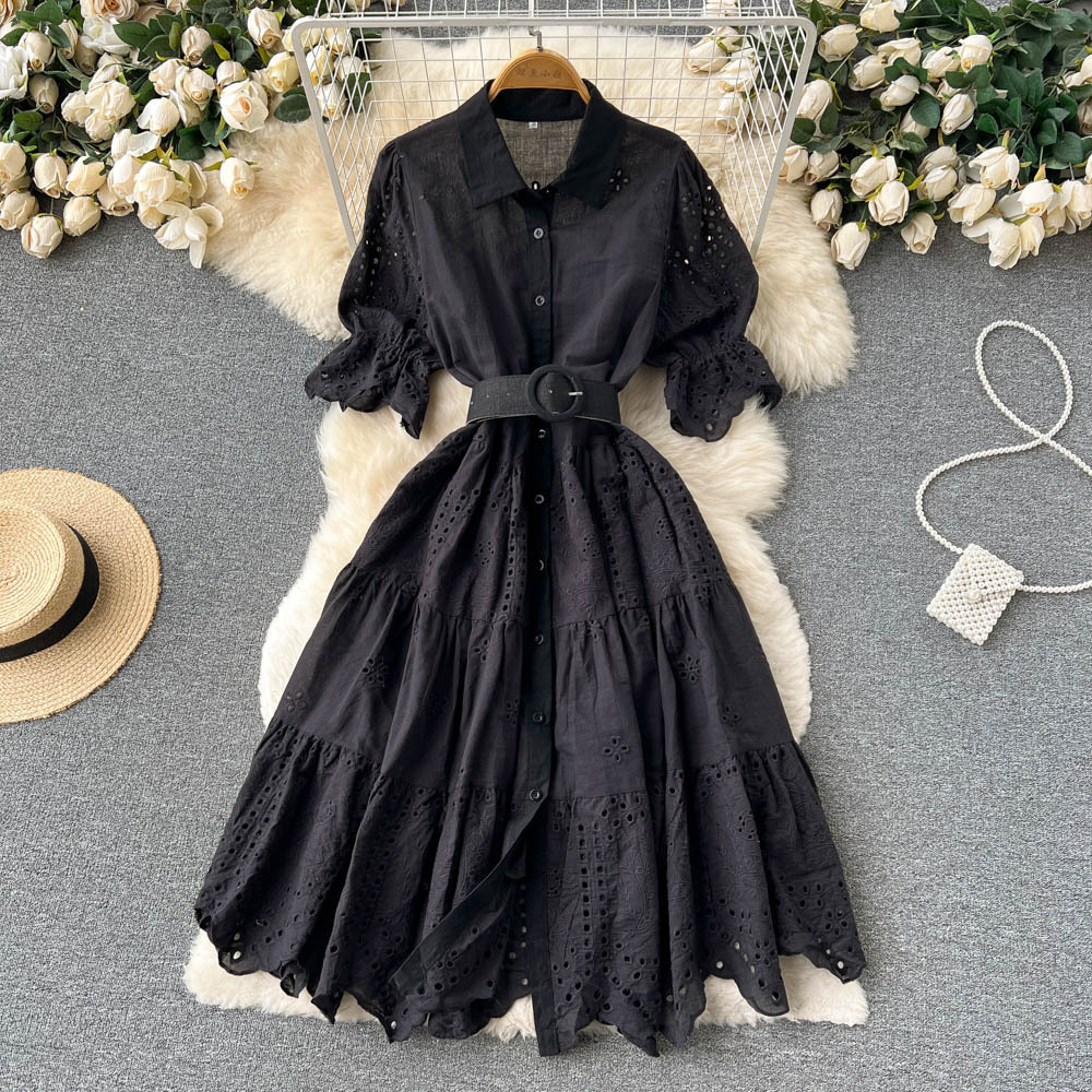 Light Luxury Minority Hollow Embroidered Dress Women's Summer 2022 New Tight Waist Slimming Puff Sleeve Shirt Midi Dress - Image 7