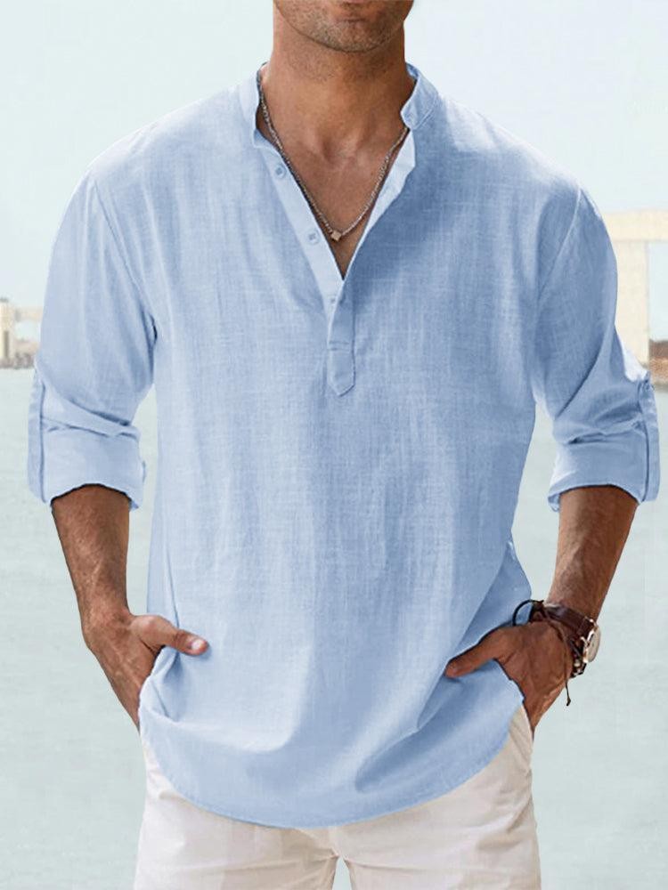 Summer New Casual Men's Loose Fit Stand Collar Sports Solid Color Long Sleeve Pure Cotton Shirt Plus Size Available - Image 18
