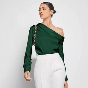 Pleated Satin Off-Shoulder Shirt