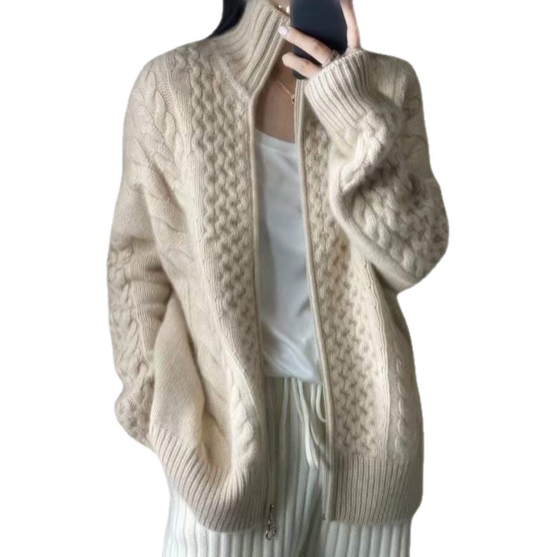 Heavyweight new autumn/winter wool cardigan for women, thickened pure wool zipper collar sweater, loose-fitting wool coat. - Image 5