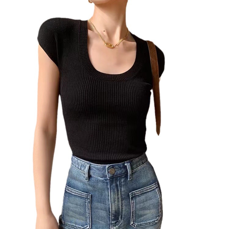 French Style U-Collar Qu Zhu Short-Sleeved T-shirt Women's Clothing 2023 Summer New Simple Slim-Fit Figure Flattering Knitted Shirt Fashion - Image 5