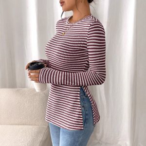 New European and American cross-border foreign trade women's round neck casual striped base layer top with side slit sexy T-shirt, slimming