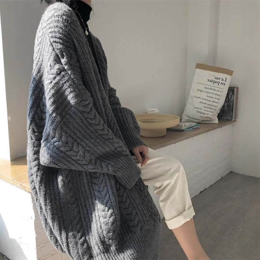 Lazy Style Retro Sweater Cardigan Women's Autumn and Winter New Cable Knit Mid-Length Long Sleeve Knit Cardigan Top 2025 - Image 5