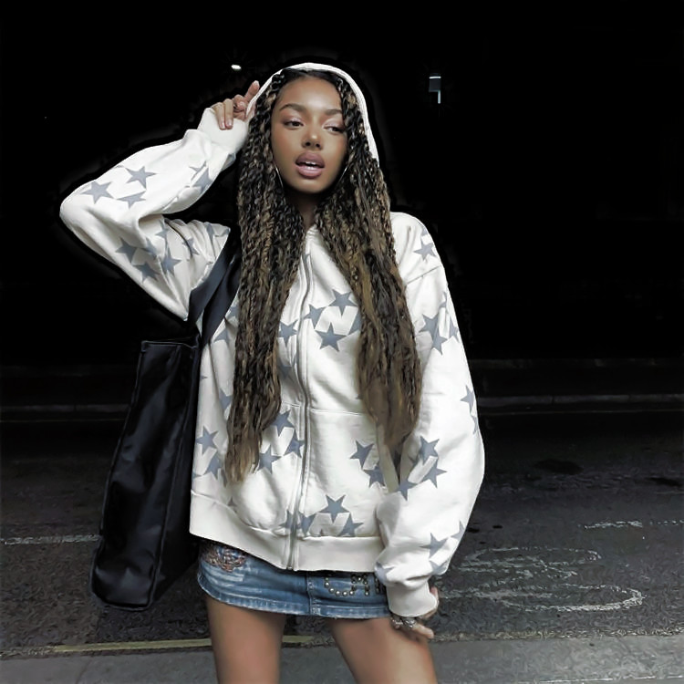 Amazon autumn and winter European and American couple models star print casual fashion cardigan hooded women's sweater jacket - Image 6