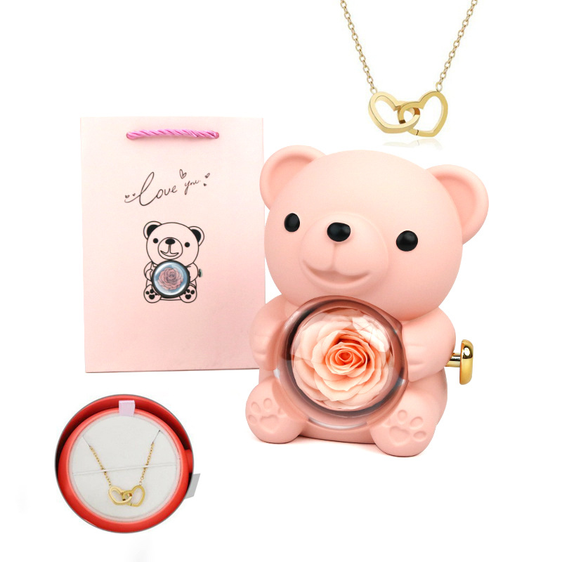 Engraved double heart rotating bear rose jewelry box, cuddly bear preserved flower gift box, rose necklace gift box - Image 8