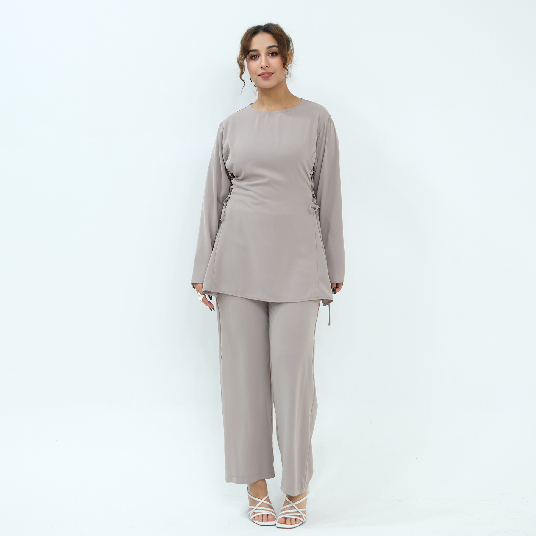 Ai Yirui's real-shot product, cross-border solid color waist-cinching two-piece set 1090 - Image 6