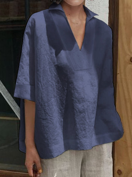 2026 Spring/Summer Amazon European and American Cross-Border V-Neck Cotton Linen Versatile Solid Color Plus Size Loose Mid-Sleeve Women's Shirt - Image 9