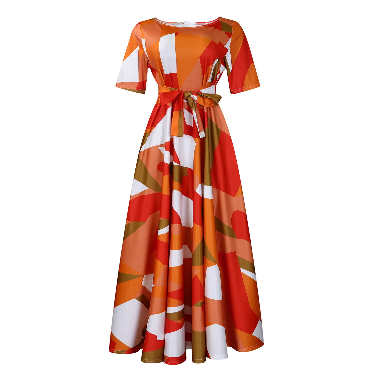 D3266 Cross-border Women's Clothing 2024 New Fashionable and Elegant Tie-waist Plus Size Short Sleeve Full Skirt Dress (Foreign Trade) - Image 7
