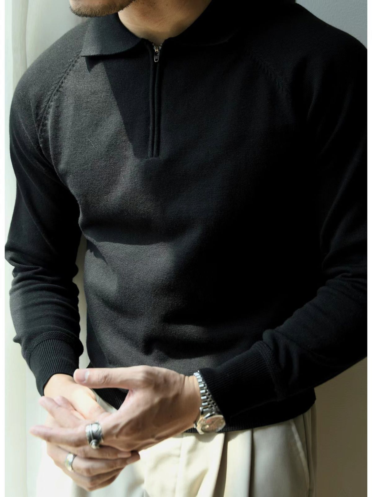 2023 Autumn and Winter Half-High Zipper Knitted Long-Sleeved Polo Shirt American Retro Business Casual Commuting T-shirt Linear Men's - Image 7