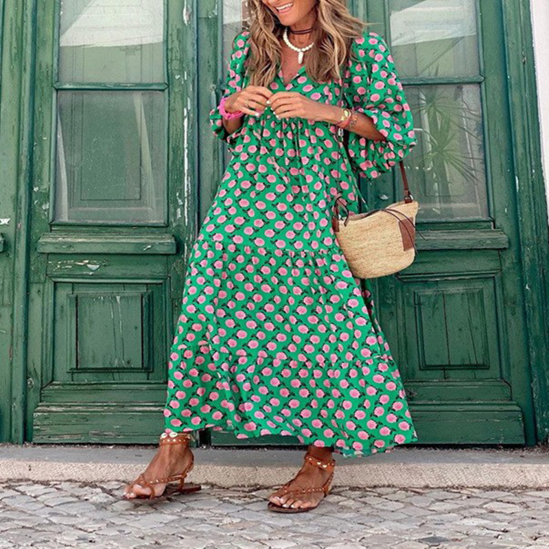 Cross-border European and American plus-size ladies loose-fitting Bohemian round-neck lantern-sleeve sweet girl dress - Image 2