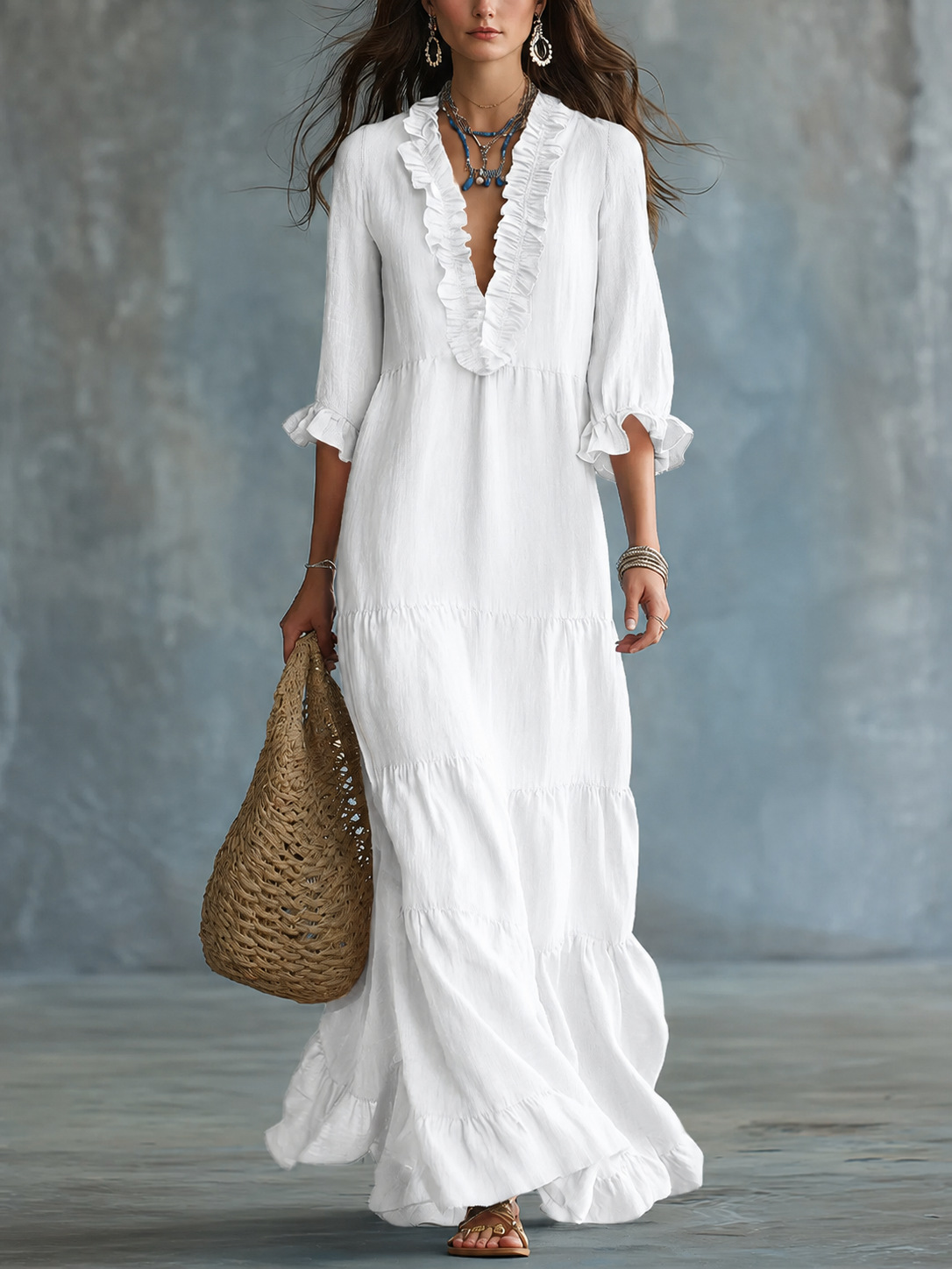 European and American cross-border Amazon TK women's bohemian V-neck layered casual flowy long ruffle dress - Image 7