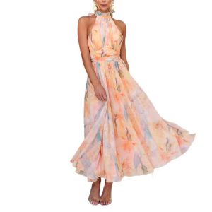 2025 French-style dopamine-infused colorful long dress, perfect for a beach vacation, with an oil painting design.