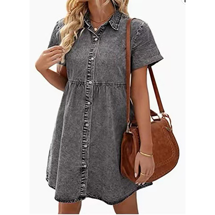 2022 Cross-Border Foreign Trade Amazon European and American Washed Denim Lapel Loose Sweet Lotus Leaf Dress Short Skirt New - Image 6