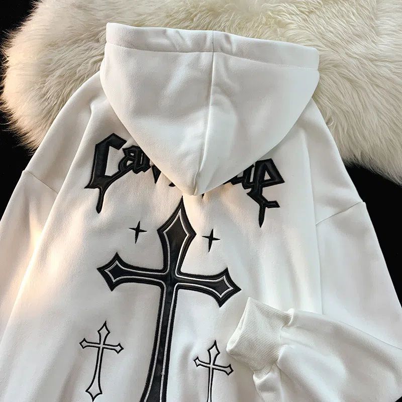 54199 American high street hiphop trendy brand cross print hooded sweatshirt for men and women loose autumn and winter - Image 2